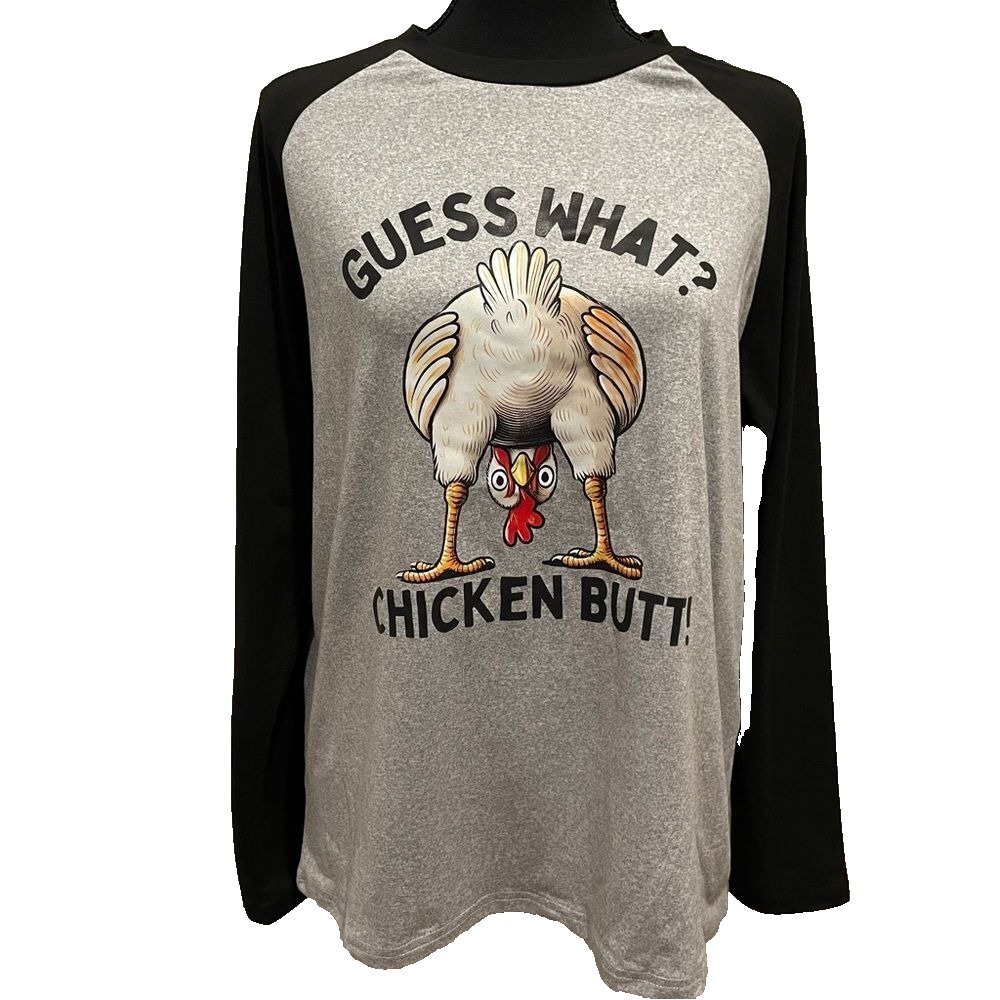 Funny Chicken Butt Graphic Tee Long Sleeve Shirt S, M, L, And XL Gray Black